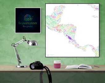 River basins of Central America in rainbow colours (high resolution digital print) map print, wall art, poster map, home decor, wall decor