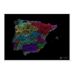 Iberia - Carte du bassin hydrographique, arc-en-ciel sur noir - Impression artistique