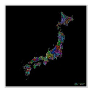 Japón - Mapa de la cuenca fluvial, arcoíris sobre fondo negro - Impresión de bellas artes