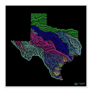 Texas - Carte du bassin hydrographique, arc-en-ciel sur noir - Impression artistique