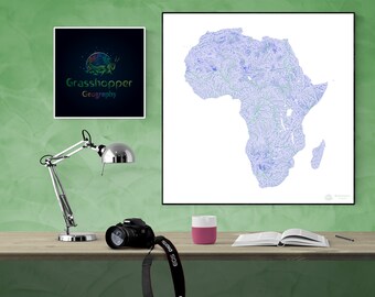 Rivers of the Africa, blue-green (high resolution digital print) map print, wall art, poster map, home decor, wall decor, printable, gift