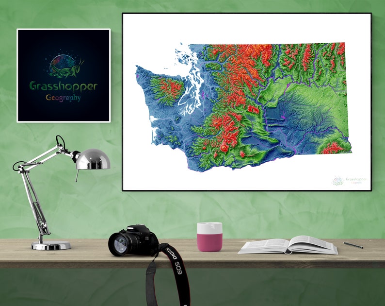 Elevation Map of Washington high Resolution Digital Print, Map Print
