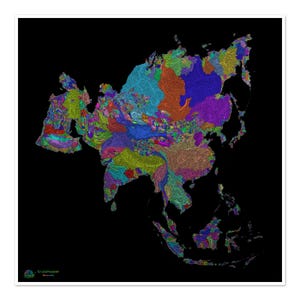 Asia - Mapa de cuencas fluviales, arcoíris sobre fondo negro - Impresión de bellas artes