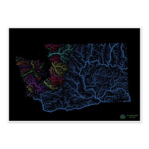 Washington - Flusslandkarte, Landkarte Regenbogen auf schwarz - Fine Art Print