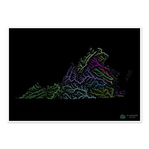 Virginia - Mapa de la cuenca fluvial, arcoíris sobre fondo negro - Impresión de bellas artes