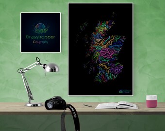 River basins of Scotland in rainbow colours (high resolution digital print) map print, wall art, poster map, home decor, wall decor, gift
