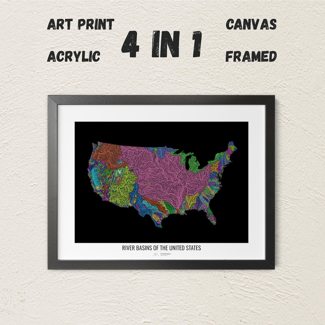 United States - River Basin Map, Rainbow Colours - Wall Art - Etsy
