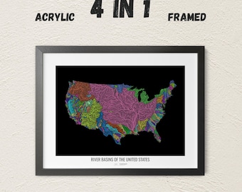 United States - River basin map, rainbow colours - Wall Art
