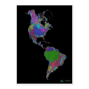 Les Amériques - Carte des bassins hydrographiques, arc-en-ciel sur noir - Impression artistique