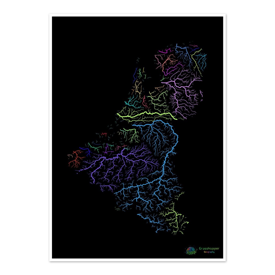 The Benelux States - River Basin Map, Rainbow on Black - Fine Art Print ...