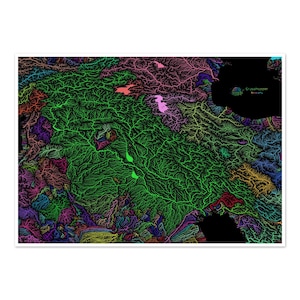 Mésopotamie - Carte du bassin hydrographique, arc-en-ciel sur noir - Impression artistique