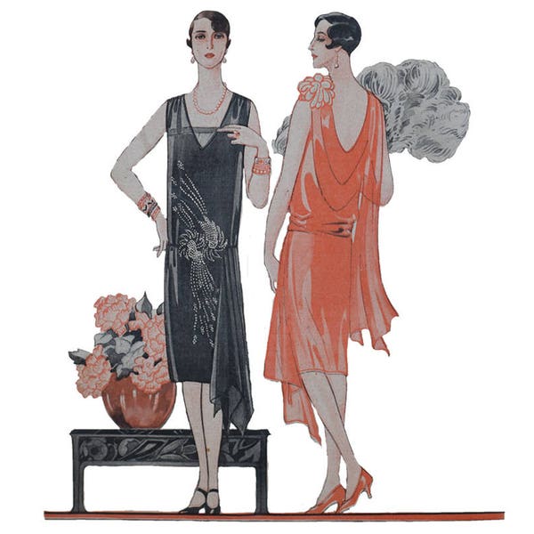 2 feminine 1920's evening dresses, ready-made printable patterns