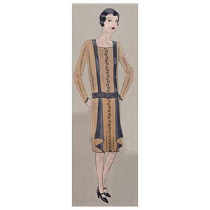 Puede incluir: Una ilustración vintage de una mujer con un vestido de color beige con un patrón geométrico en blanco y negro. El vestido tiene un cinturón negro y una faja negra. La mujer tiene el pelo negro corto y lleva zapatos negros.