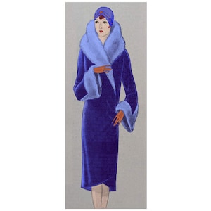 May include: Illustration of a woman in a long, dark blue coat with a light blue fur collar and cuffs. She wears a matching blue turban and orange gloves. The coat is knee-length and has a wrap-style design, evoking a vintage fashion aesthetic.