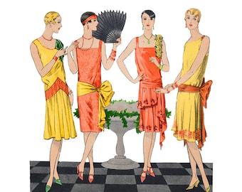 4 cute 1920's party dresses, ready-made printable pattern