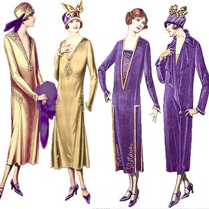以下が含まれることがあります： 1920年代のドレスと帽子を身に着けた4人の女性。女性たちは、ゴールドとパープルのドレスに合わせた帽子を着用しています。ドレスには装飾的なディテールが施され、帽子には羽根とリボンが付いています。