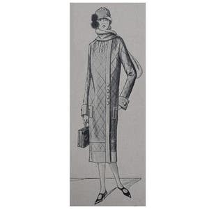 May include: A black and white illustration of a woman wearing a long, quilted coat with a scarf and a hat. She is carrying a small handbag.
