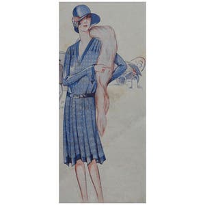 May include: A blue dress with a white pattern and a matching blue hat. The dress has a V-neckline and a belt at the waist. The woman is wearing a fur stole.