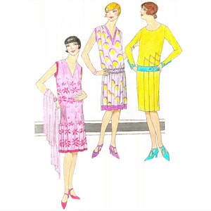 May include: Three women wearing dresses from the 1920s. The woman on the left is wearing a pink dress with a floral pattern and a matching scarf. The woman in the middle is wearing a purple and yellow dress with a geometric pattern. The woman on the right is wearing a yellow dress with a geometric pattern.