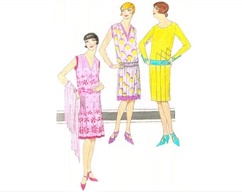 Un conjunto de tres sencillos vestidos de verano de los años 20, patrones imprimibles confeccionados