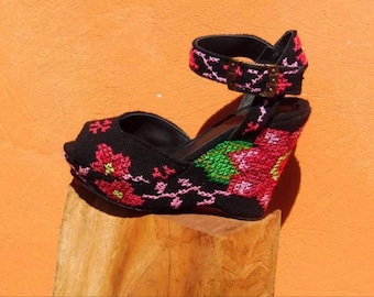 Hand embroidered floral peep toe wedges