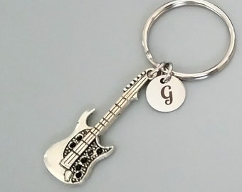 Silver Guitar Personalized Guitar Keyring, Music Keychain, Music Gift (K26)