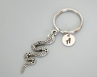 Personalized Snake Keychain: Silver Snake Jewelry, Initial Tag (K27)