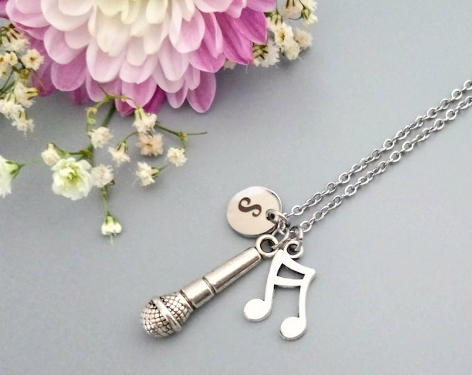 Microphone Necklace: Singer Musician Gift, Stainless Steel Chain  (M2.3)