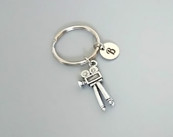Movie Camera Key Ring: Personalized Initial Tag, Film Lover Gift (K32)
