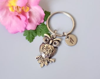 Owl Keychain, Initial Charm, Christmas Gift  (K86)