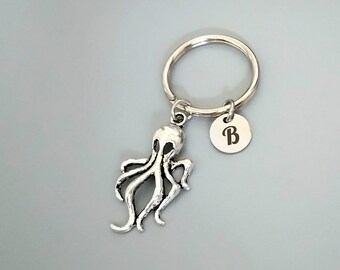 Octopus Keychain: Personalized Initial Tag, Ocean Lover Gift (K12)