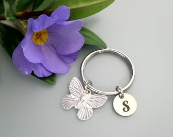 Butterfly Keychain: Personalized Initial Charm, Silver Keyring  (K47)