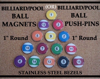 Pool Balls Push Pins OR Pool Balls Frig Magnets Sweet Office Gift (16) Billiard Ball Fridge Magnets Billiard Push Pins Pool Table Gift Games