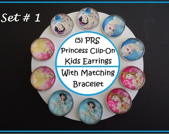 Disney Princess Earrings w/ Matching Bracelet Snap On Buttons To Change Out Princess To Match Earrings Clip on Kids Dress up Earrings