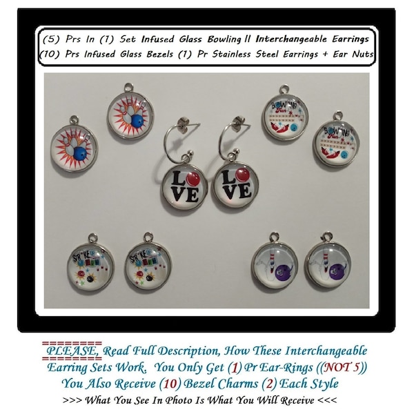 Bowling Earrings You Receive (5) Pairs Interchangeable Earrings Stainless Steel Earrings Infused Glass Earrings Bowling Balls Choice 1-2 Set