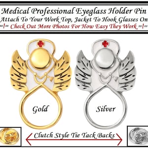 May include: Gold and silver angel wing eyeglass holder pins with a stethoscope design. The pins have a clutch style tie tack back.