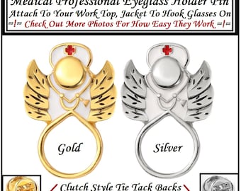 Nurse Eyeglass Holder Pin Tie Tack Style On Back Medical Eyeglass Pin Holder Your Jacket Shirt Dress Scrub Works On All Clothes Gold Silver