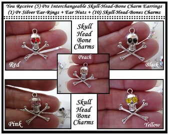 Skull Head Bones Charm Earrings 5 Different Pairs In 1) Set Interchangeable Earrings Switch Rhinestone Color Match Outfit Skull Bone Earring