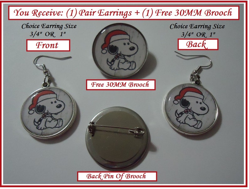 Snoopy Earrings Graphics On Both Sides Double Sided 20MM or 1 Plus FREE 30MM Brooch Lapel Pin With Each Purchase Stainless Steel