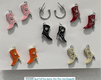 Cowgirl Boots Earrings (5) Pairs In (1) Set Interchangeable Earrings Cowboy Boot Charm 5 Colors Red Off White Black Orange Pink Cowgirl Boot