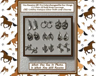 Cowgirl Earrings (8) Pairs In (1) Set Interchangeable Earrings All Metal Antique Silver Charms Horseshoe Charm Cowboy Hat Charm Horse Charm