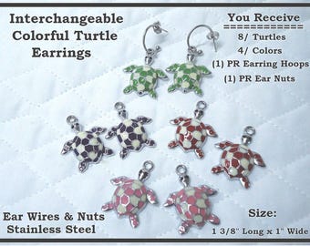 Turtle Earrings You Get 4 Different Color Turtles Stainless Steel Ear Rings & Ear Nuts Switch Turtles To Match Your Outfit Interchangeables