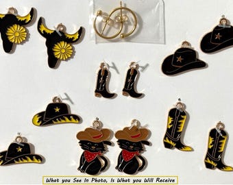 Cowgirl Earrings (6) Pairs In (1) Set Interchangeable Earrings Metal Gold Plated Enamel Charm Cowgirl Boots Cowgirl Hat Charms Bull Head