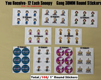 Snoopy Charlie Brown Stickers • Snoopy & The Gang Sticker Labels • Peanuts Envelope Stickers • 30MM Scrapbook Stickers 1" Kids Craft Sticker