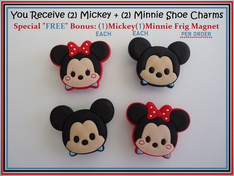 Puede incluir: Cuatro charms para zapatos de personajes de dibujos animados que representan a Mickey Mouse y Minnie Mouse. Dos charms Minnie Mouse rojos con lazos de lunares blancos y dos charms Mickey Mouse negros. Recibes (2) Mickey + (2) Minnie Shoe Charms Bono "GRATIS" especial: (1)Mickey (1) Minnie Frig Magnet CADA CADA POR PEDIDO