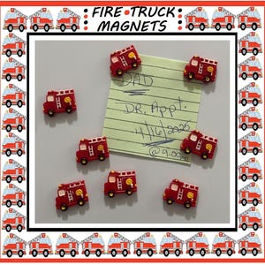 May include: Red fire truck magnets with white accents and yellow details are scattered on a white surface. A yellow sticky note with handwritten text is also present. The border of the image is decorated with fire truck illustrations.