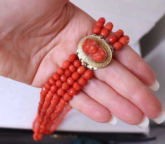 Antique Faceted  Coral Necklace 4 Rows Carved Cam… - image 8