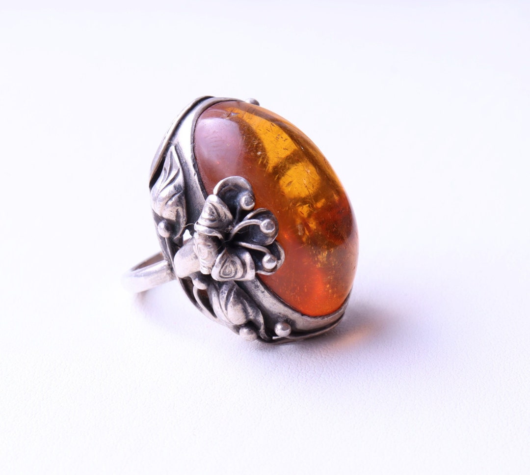Bague Argent 835 Art Nouveau Avec Ambre Jaune Butterscotch - Taille 56,5 (17,9mm) - Originale Période 1895-1910