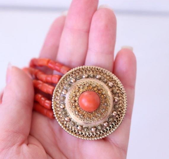 Vintage Five Row Coral Choker Necklace 14k Gold C… - image 4