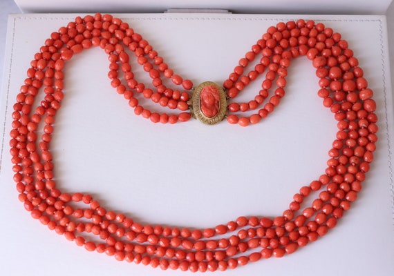 Antique Faceted  Coral Necklace 4 Rows Carved Cam… - image 4